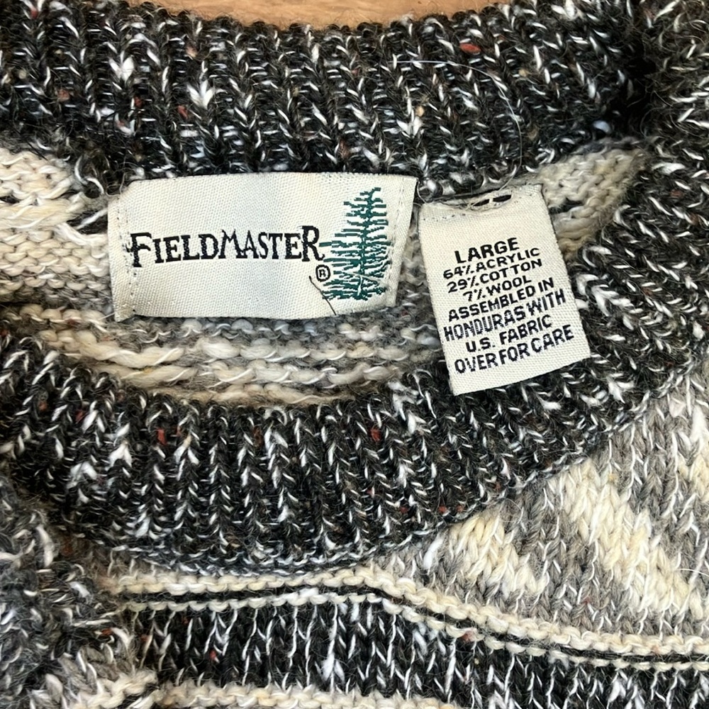 Men's vintage Fieldmaster Gray and Cream Crewneck Sweater size Large - Picture 2 of 3